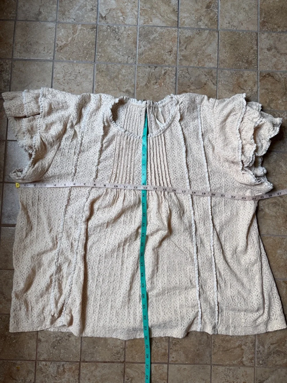 Anthropologie Lace Blouse Cream Pintucked Top Stretch Flutter Ruffle Sleeve XL - Picture 12 of 17